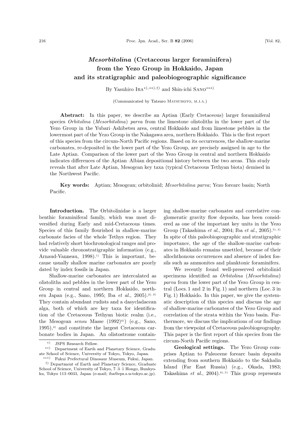 (Cretaceous Larger Foraminifera) from the Yezo Group in Hokkaido, Japan and Its Stratigraphic and Paleobiogeographic Signiﬁcance