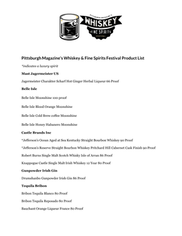 Pittsburgh Magazine's Whiskey & Fine Spirits Festival Product List