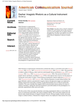 ACJ Article: Dazhai: Imagistic Rhetoric As Cultural Instrument