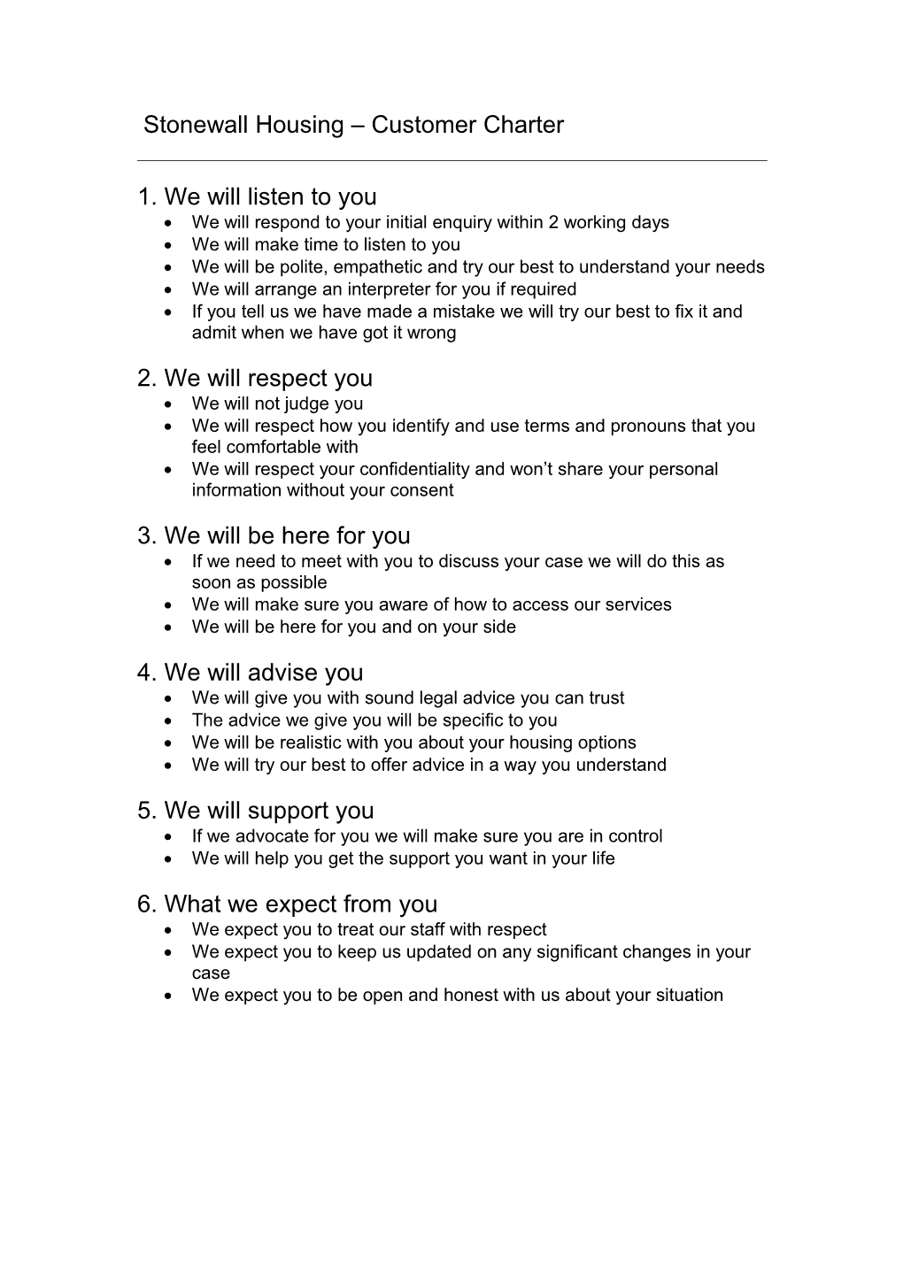 Stonewall Housing Customer Charter