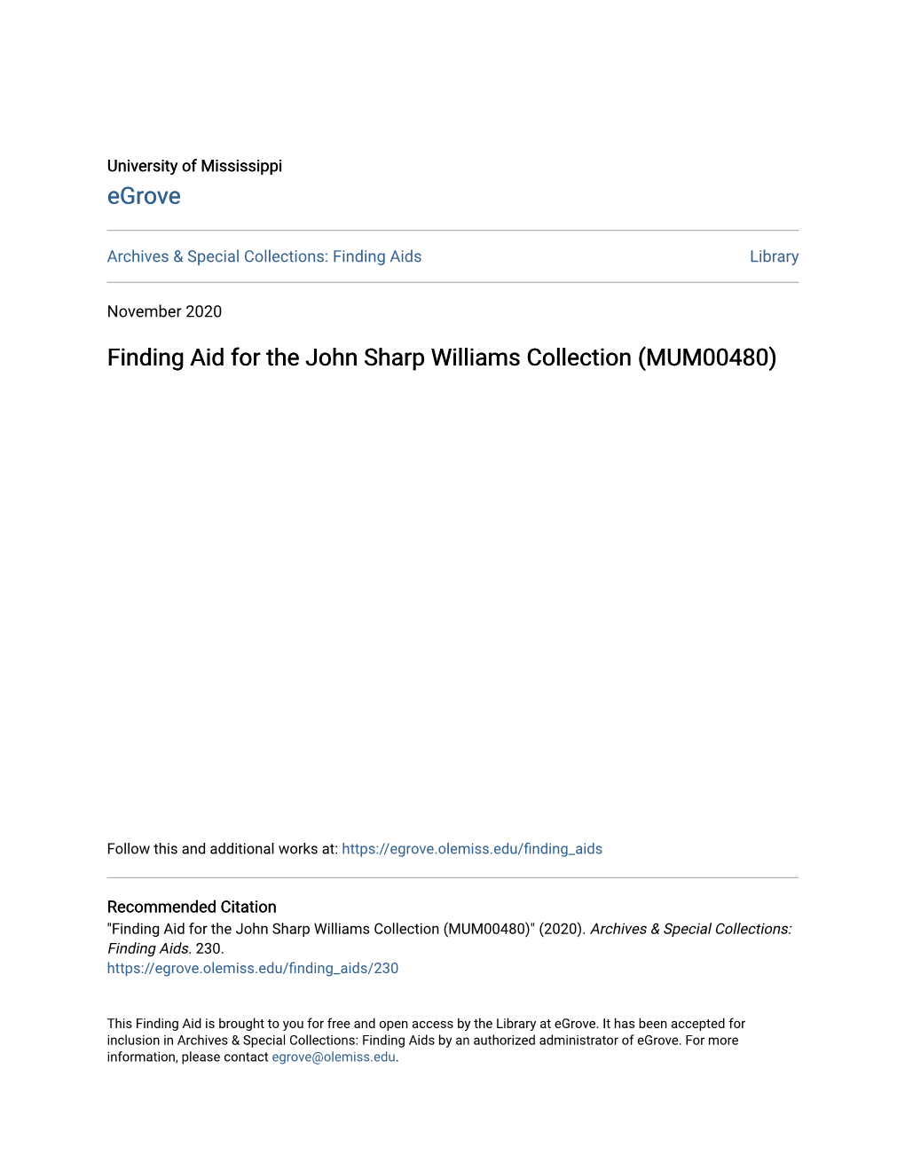 Finding Aid for the John Sharp Williams Collection (MUM00480)