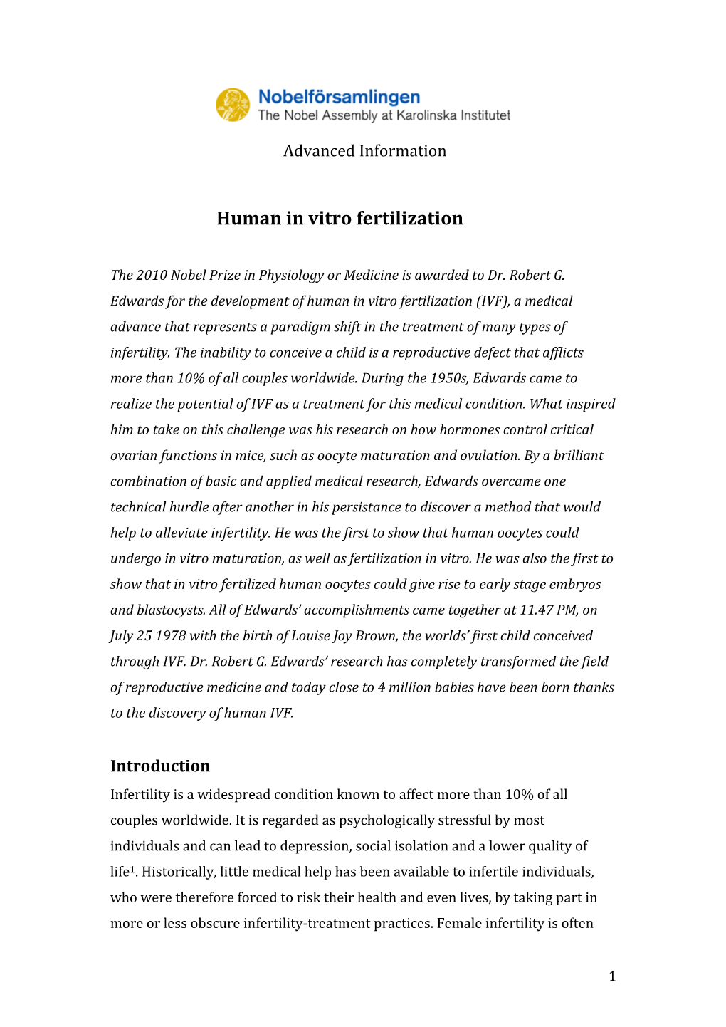 Human in Vitro Fertilization