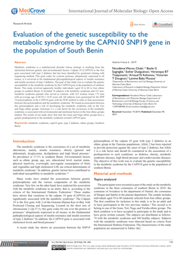 Evaluation of the Genetic Susceptibility to the Metabolic Syndrome by the CAPN10 SNP19 Gene in the Population of South Benin