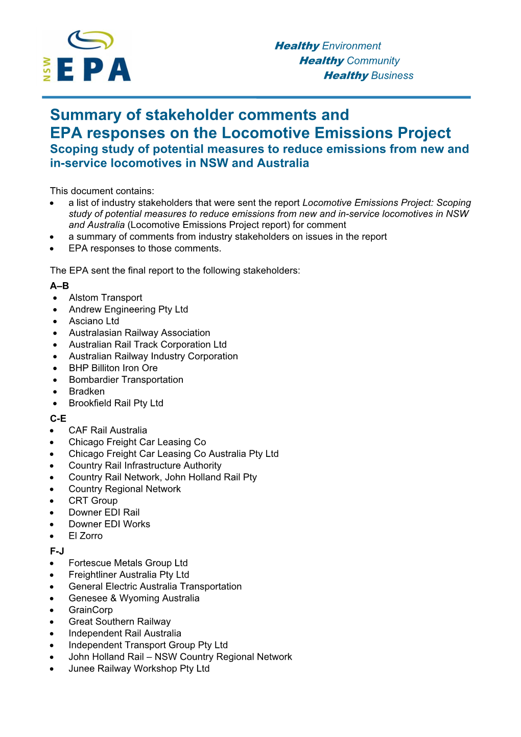 Summary of Stakeholder Comments and EPA Responses on The