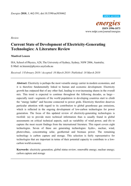 Current State of Development of Electricity-Generating Technologies: a Literature Review