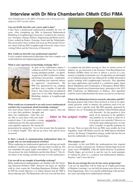 Interview with Dr Nira Chamberlain Cmath Csci FIMA Nira Chamberlain Is the IMA’S President and a Principal Con- Sultant at SNC Lavalin Atkins