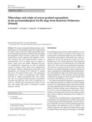 Mineralogy and Origin of Coarse-Grained Segregations in the Pyrometallurgical Zn-Pb Slags from Katowice-Wełnowiec (Poland)