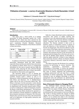 Utilization of Journals - a Survey of University Libraries in South Karnataka: a Brief Profile