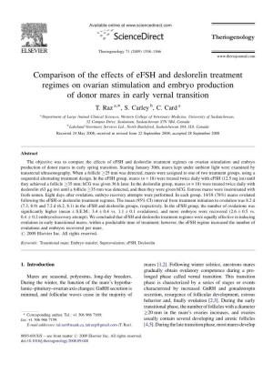 Comparison of the Effects of Efsh and Deslorelin Treatment Regimes on Ovarian Stimulation and Embryo Production of Donor Mares in Early Vernal Transition T