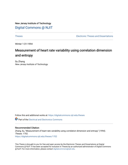 Measurement of Heart Rate Variability Using Correlation Dimension and Entropy