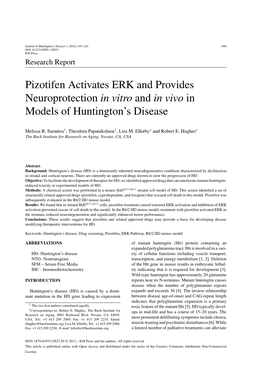 Pizotifen Activates ERK and Provides Neuroprotection in Vitro and in Vivo in Models of Huntington’S Disease