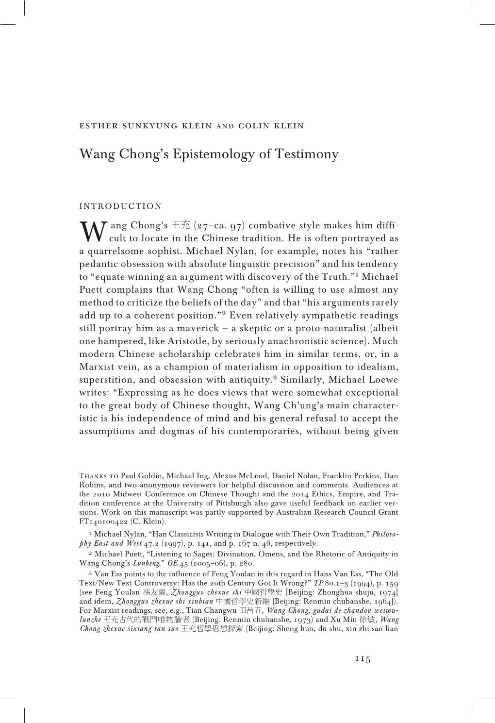 Wang Chong's Epistemology of Testimony