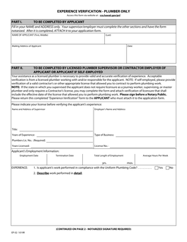 EXPERIENCE VERIFICATION - PLUMBER ONLY Access This Form Via Website at : Cca.Hawaii.Gov/Pvl