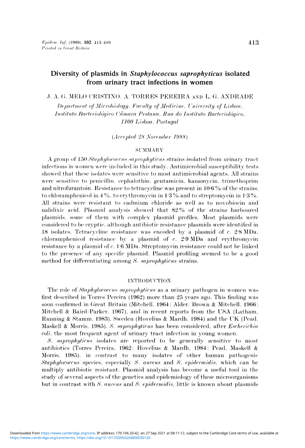 Diversity of Plasmids in Staphylococcus Saprophyticus Isolated from Urinary Tract Infections in Women