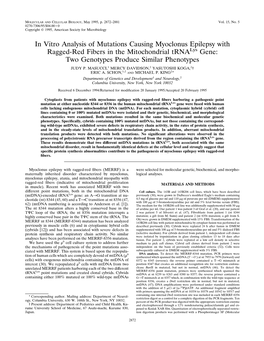 In Vitro Analysis of Mutations Causing Myoclonus Epilepsy with Ragged-Red Fibers in the Mitochondrial Trnalys Gene: Two Genotypes Produce Similar Phenotypes JUDY P