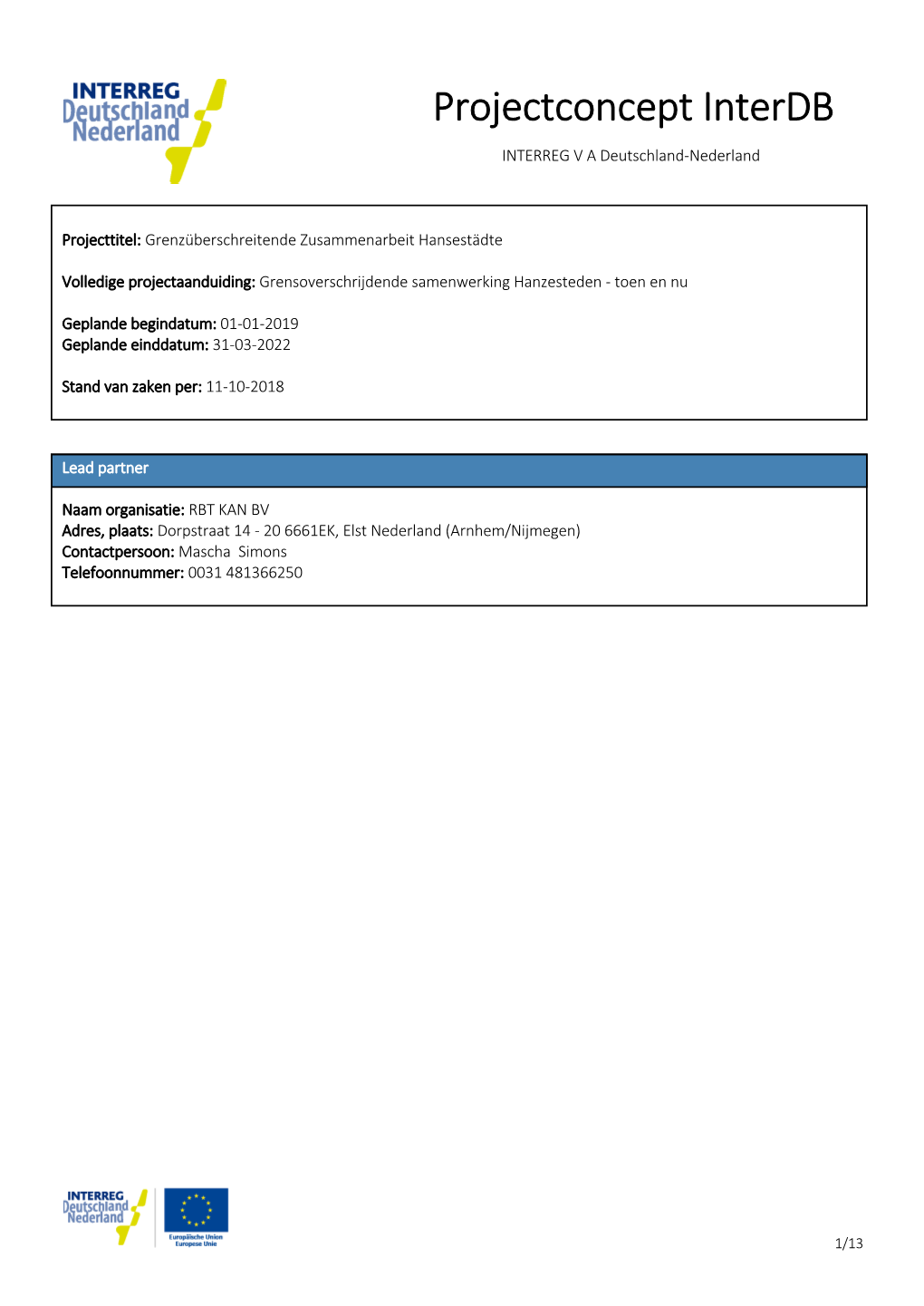 Projectconcept Interdb INTERREG V a Deutschland-Nederland