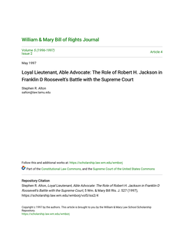 The Role of Robert H. Jackson in Franklin D Roosevelt's Battle with the Supreme Court