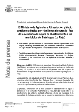 13.05.24 Adjudicación Mejora Abastecimiento Bajo Iregua, La Rioja