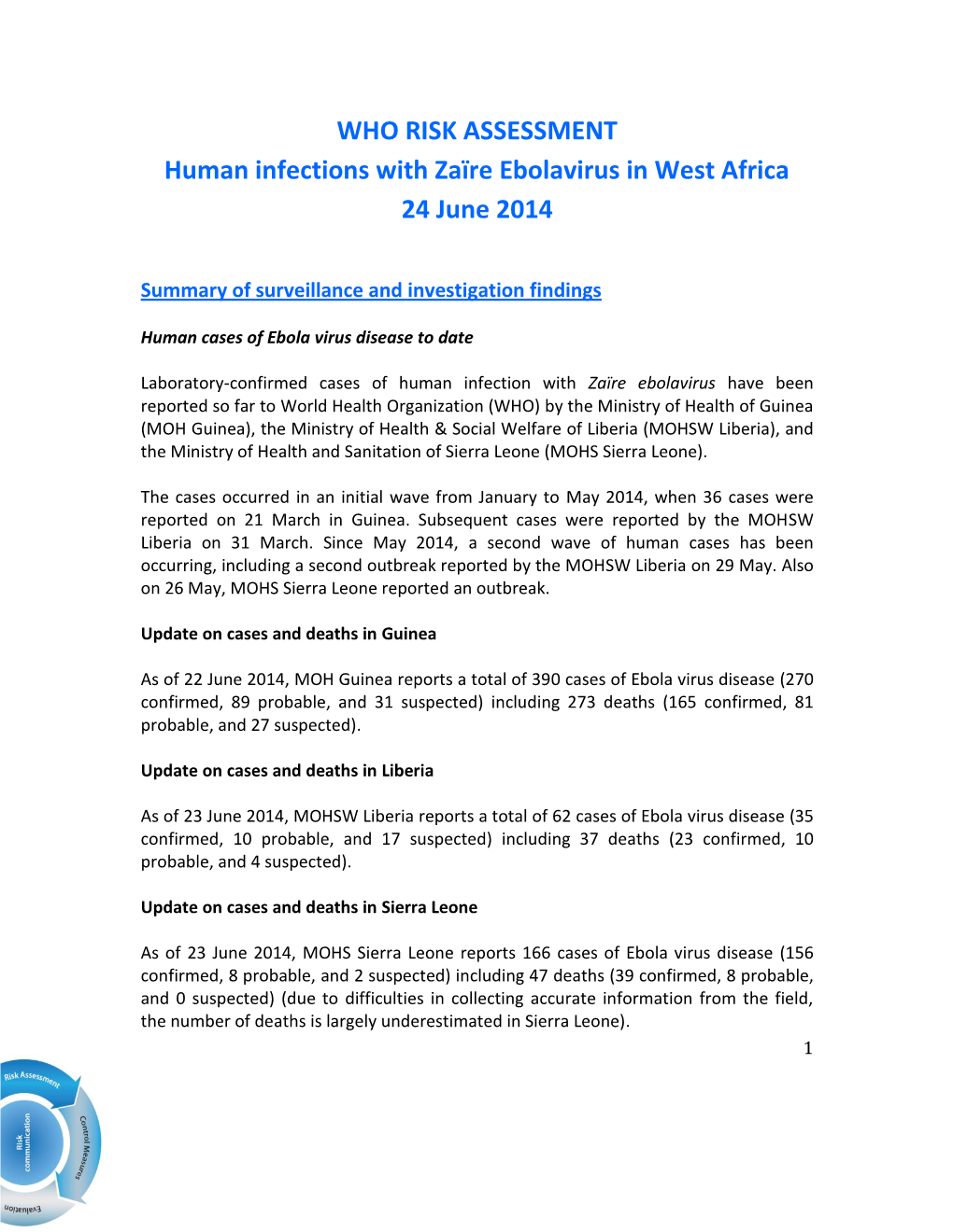 WHO RISK ASSESSMENT Human Infections with Zaïre Ebolavirus in West Africa 24 June 2014