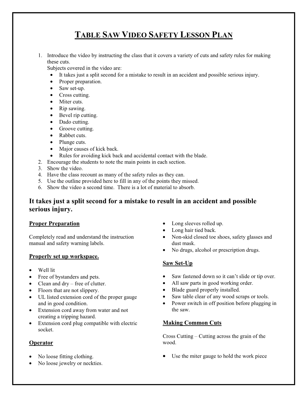 Table Saw Safety Video Lesson Plan DocsLib