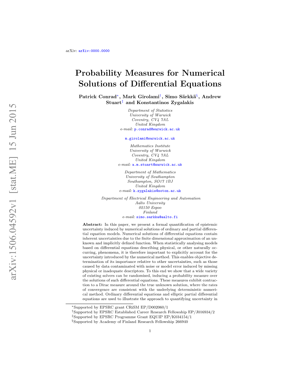 Probability Measures for Numerical Solutions of Differential Equations