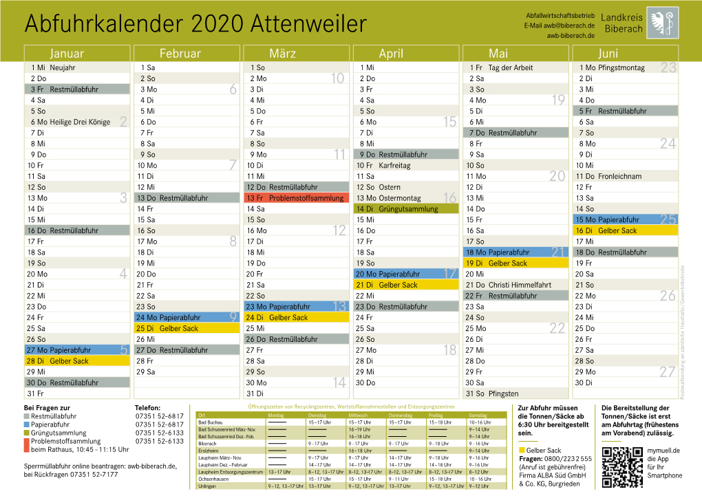 Abfuhrkalender 2020 Attenweiler