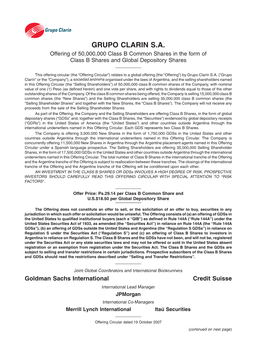 GRUPO CLARIN S.A. Offering of 50,000,000 Class B Common Shares in the Form of Class B Shares and Global Depository Shares