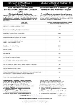 Datgan Canlyniad Y Bleidlais Declaration of Result Of