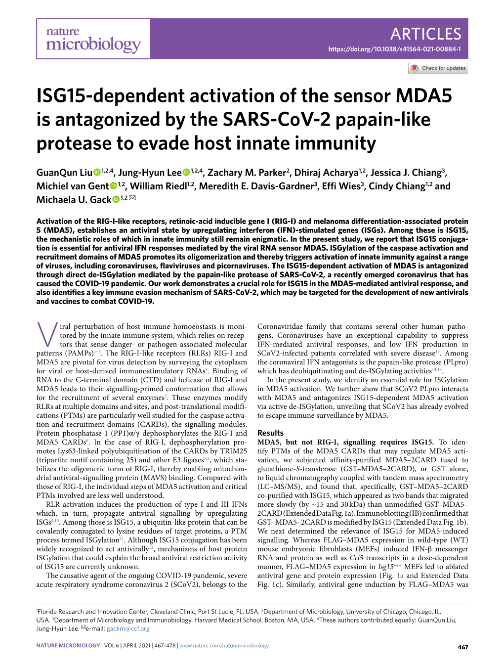 ISG15-Dependent Activation of the Sensor MDA5 Is Antagonized by the SARS-Cov-2 Papain-Like Protease to Evade Host Innate Immunity