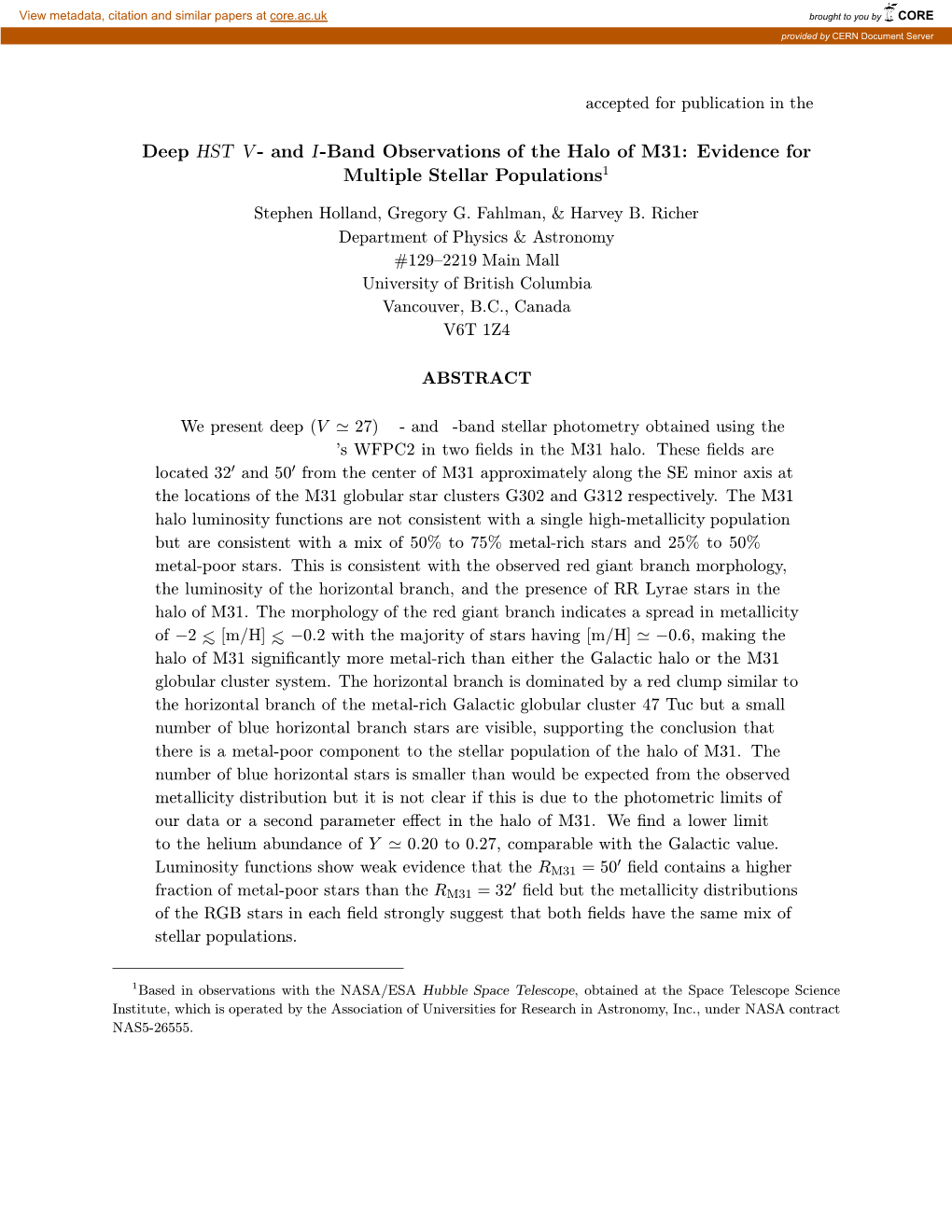 Deep HST V- and I-Band Observations of the Halo Of