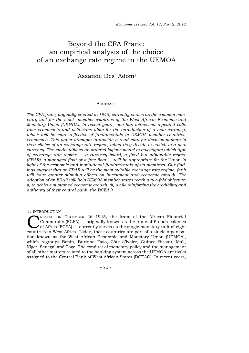 Beyond the CFA Franc: an Empirical Analysis of the Choice of an Exchange Rate Regime in the UEMOA