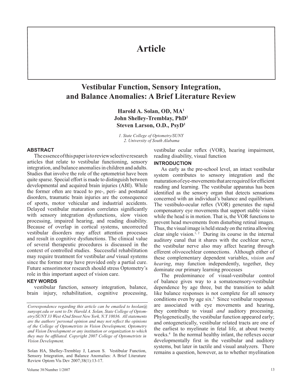 Vestibular Function, Sensory Integration, and Balance Anomalies: a Brief Literature Review