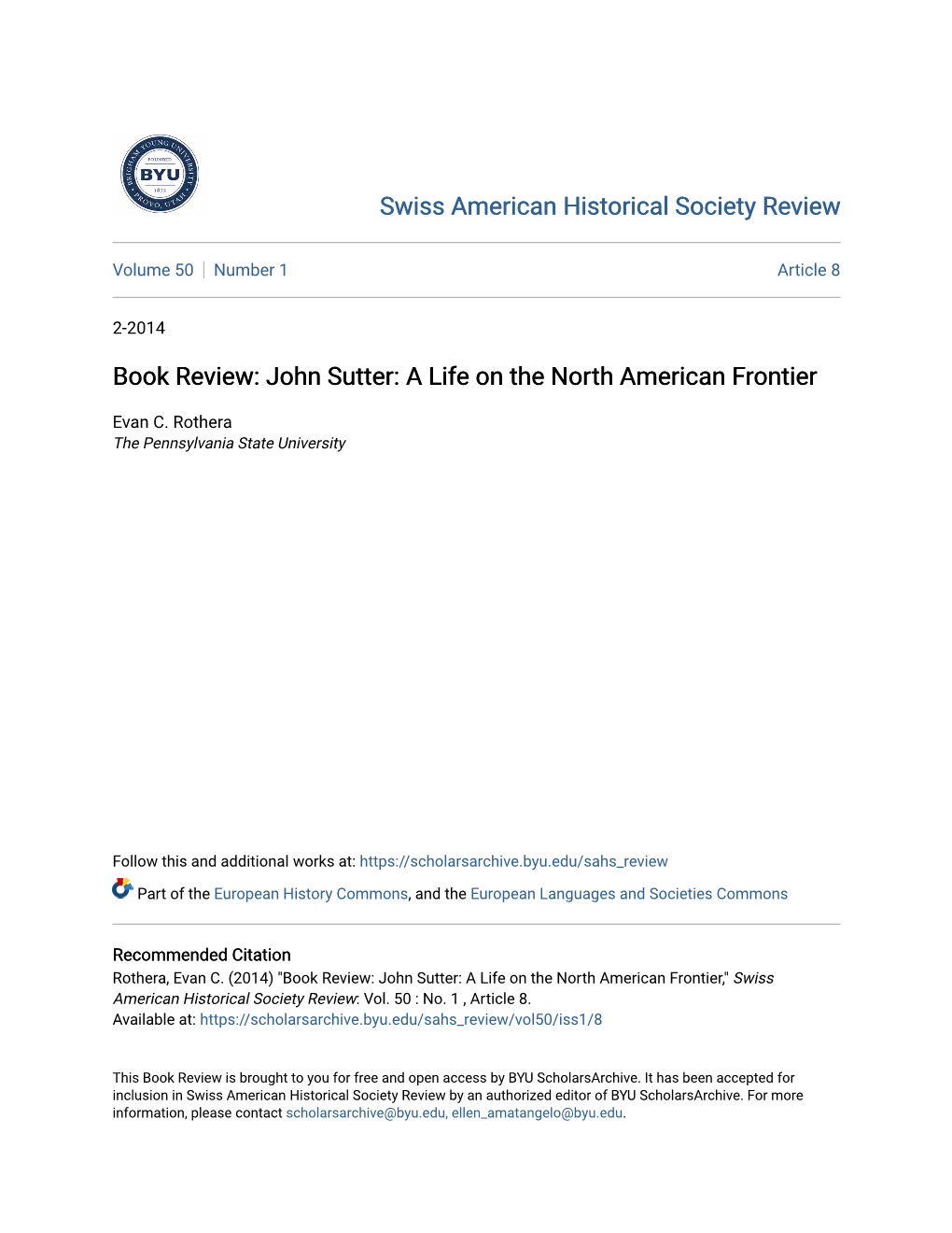 John Sutter: a Life on the North American Frontier