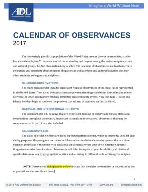 Calendar of Observances 2017