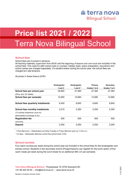 Price List 2021 / 2022 Terra Nova Bilingual School