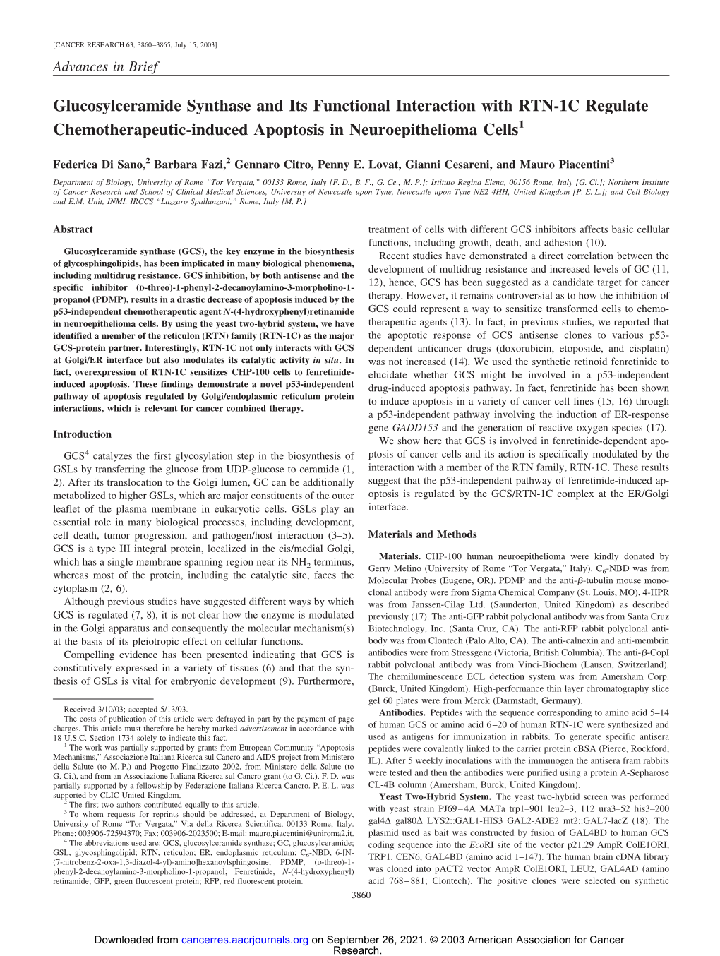 Glucosylceramide Synthase and Its Functional Interaction with RTN-1C Regulate Chemotherapeutic-Induced Apoptosis in Neuroepithelioma Cells1