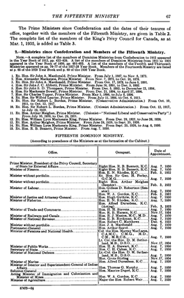 THE FIFTEENTH MINISTRY 67 the Prime Ministers Since Confederation and the Dates of Their Tenures of Office, Together with the Me