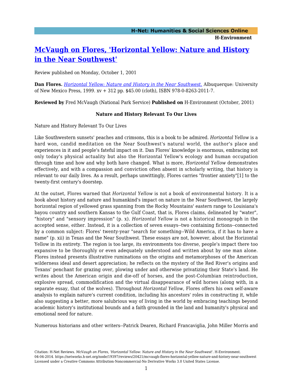 Mcvaugh on Flores, 'Horizontal Yellow: Nature and History in the Near Southwest'