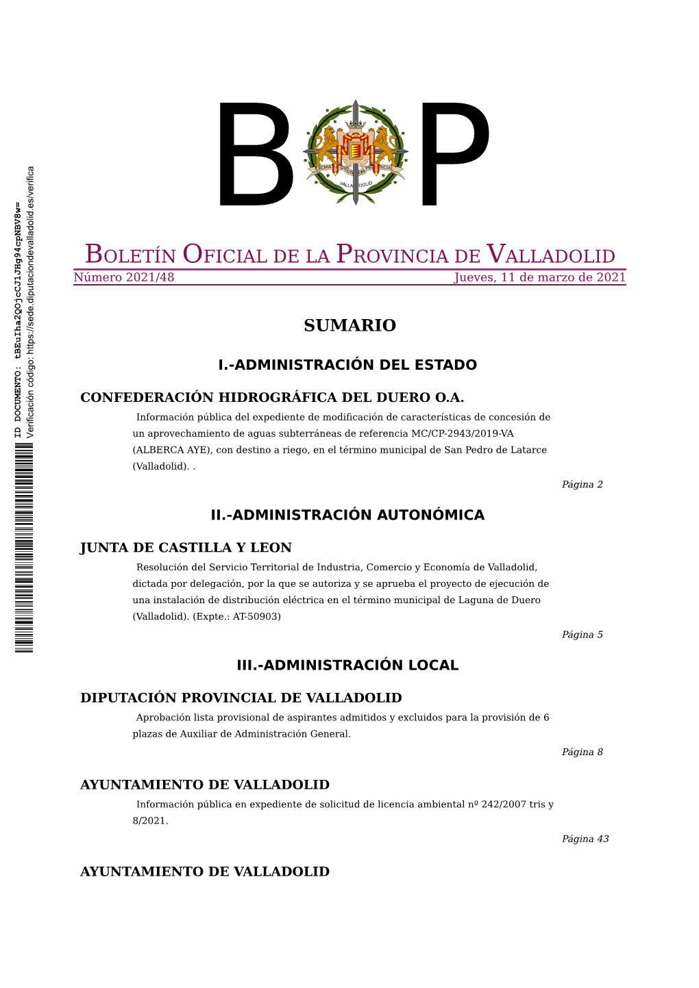 BOLETÍN OFICIAL DE LA PROVINCIA DE VALLADOLID Número 2021/48 Jueves, 11 De Marzo De 2021