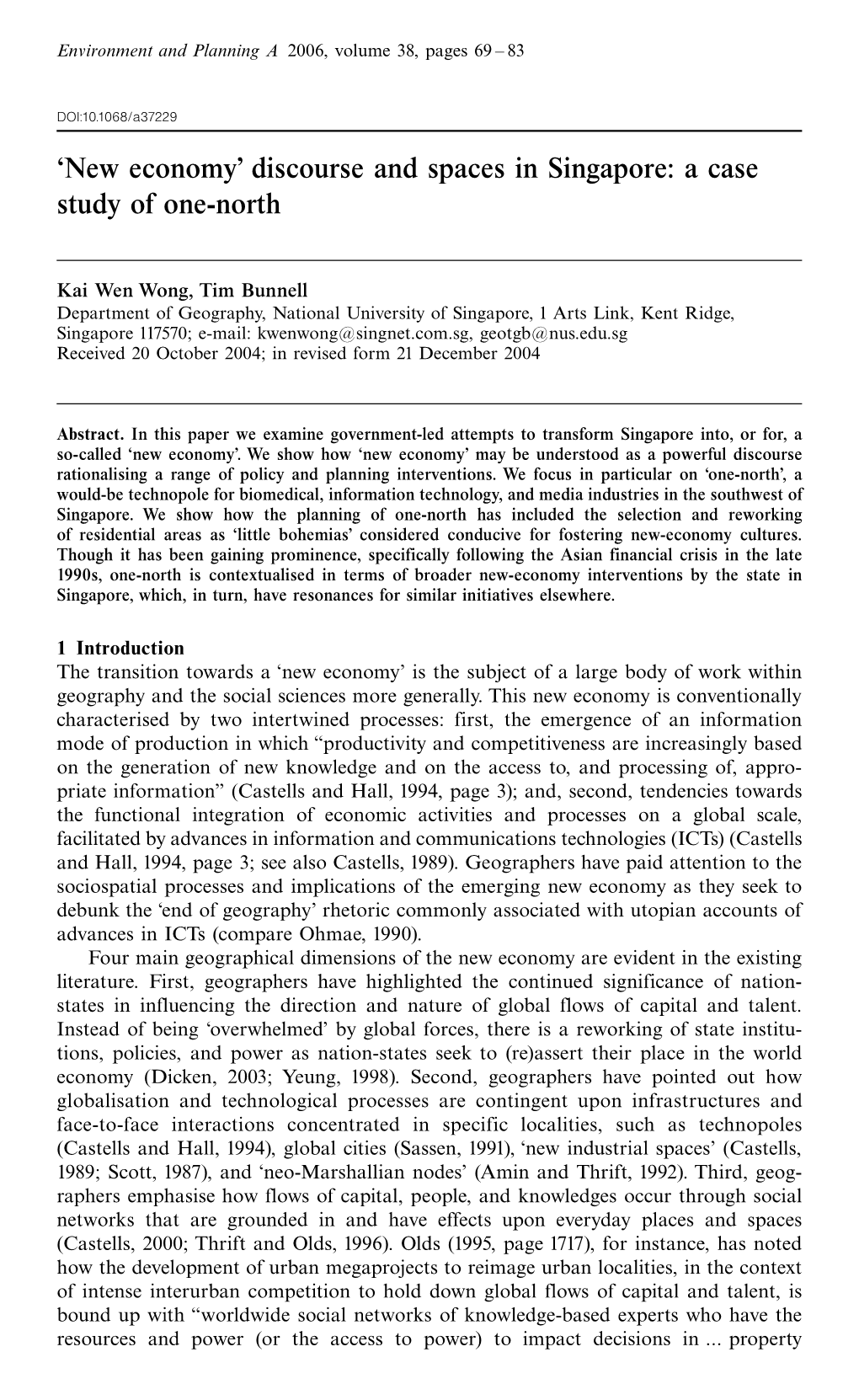 New Economy' Discourse and Spaces in Singapore: a Case Study of One-North