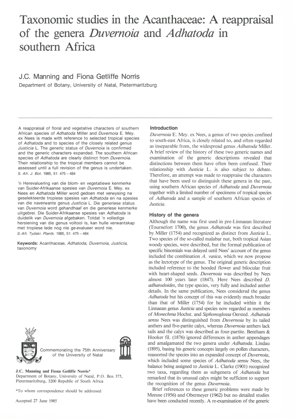 Taxonomic Studies in the Acanthaceae: a Reappraisal of the Genera Duvernoia and Adhatoda in Southern Africa