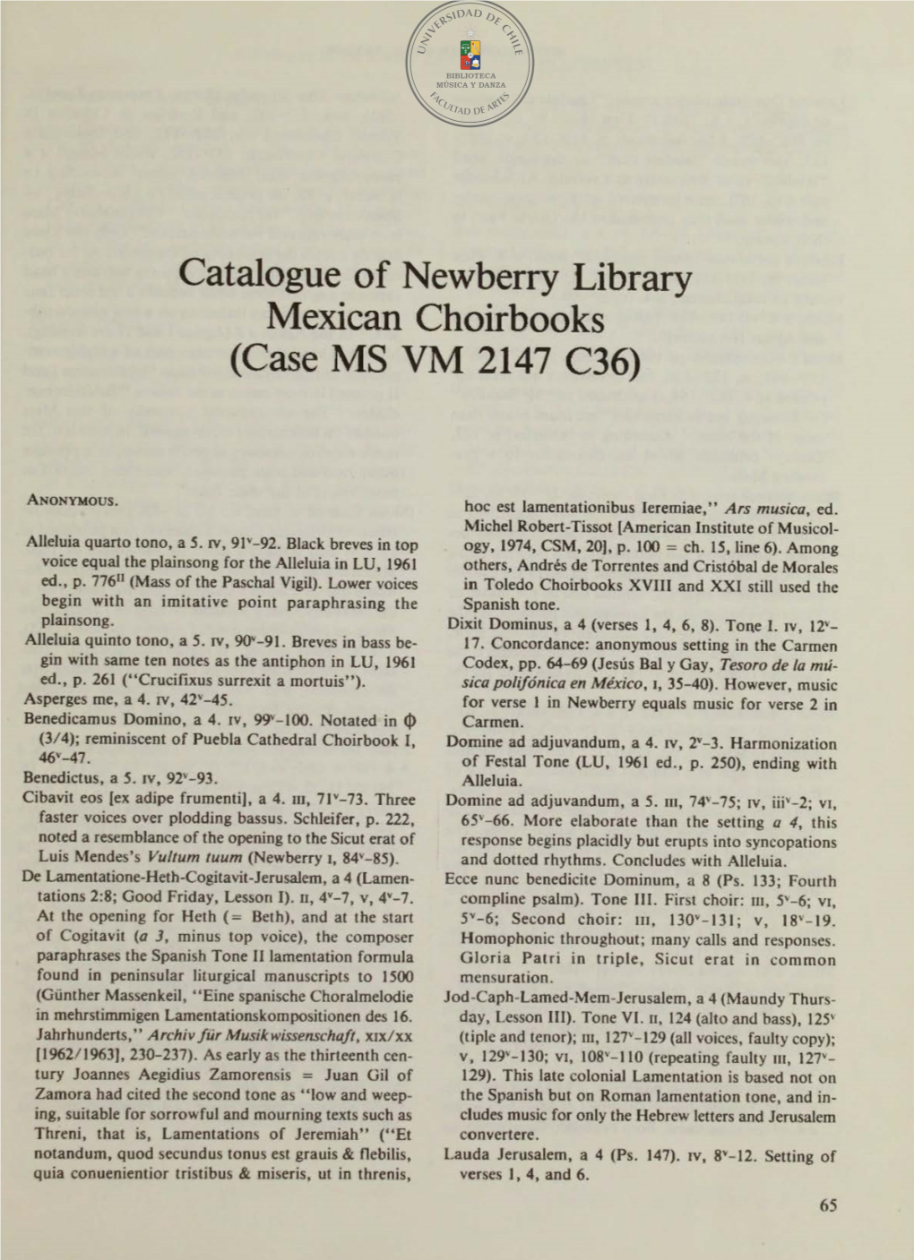 Catalogue of Newberry Library Mexican Choirbooks (Case MS VM 2147 C36)