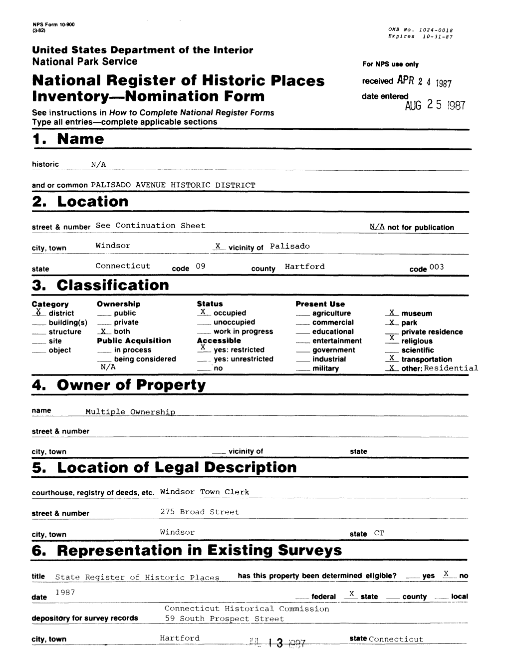 National Register of Historic Places Inventory Nomination Form Palisado Avenue Historic District Continuation Sheet Windsor