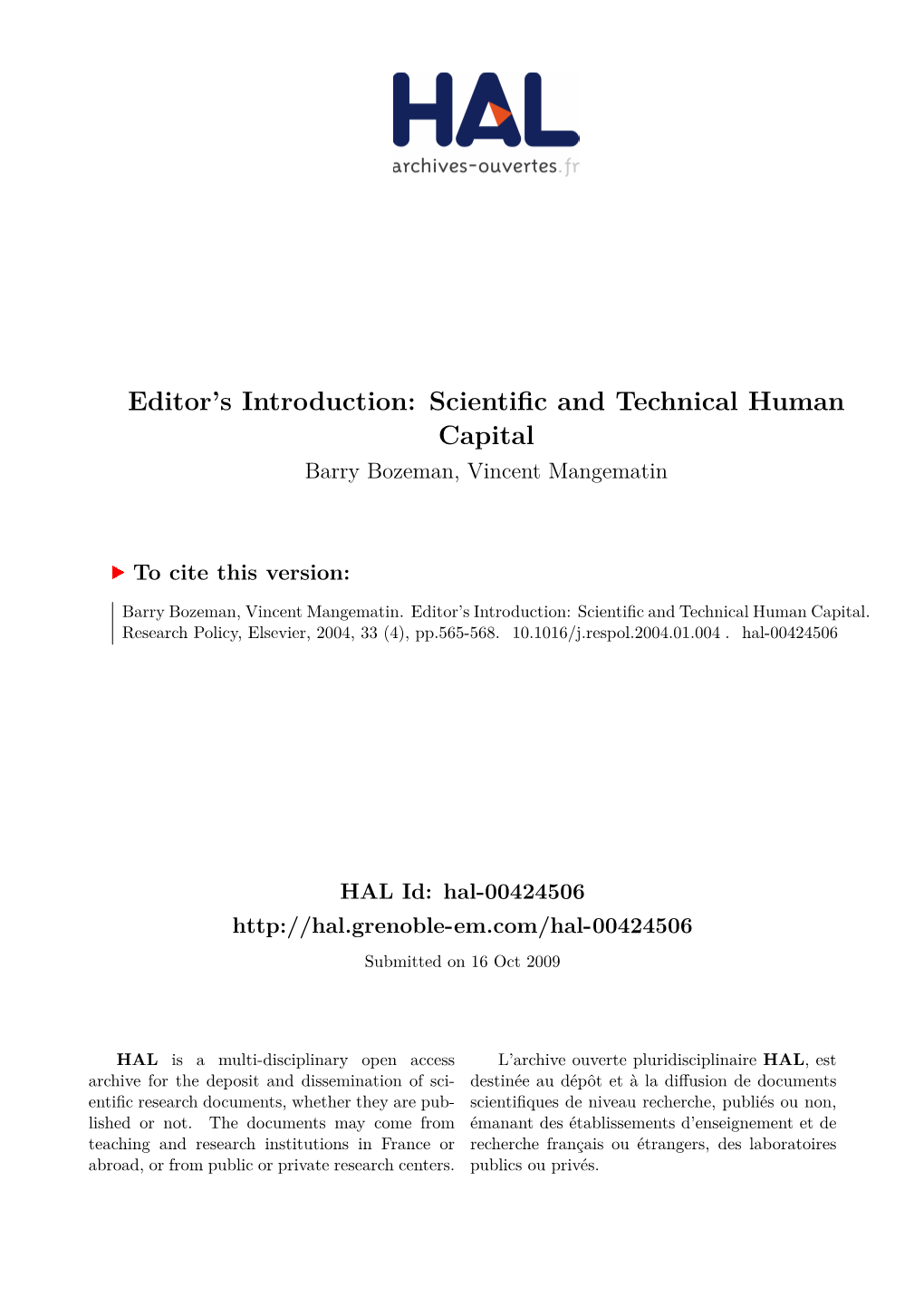 Editor's Introduction: Scientific and Technical Human Capital