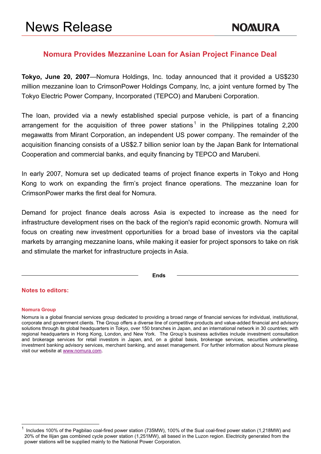 News Release Nomura Holdings Nomura Provides Mezzanine Loan