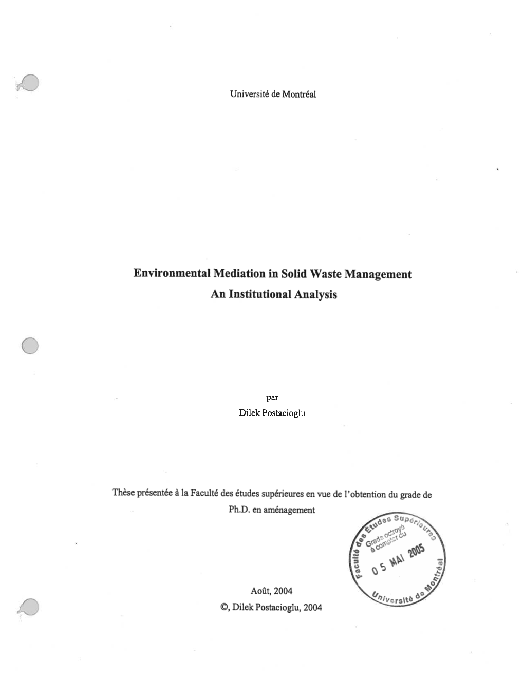 Environmental Mediation in Solid Waste Management an Institutional Analysis