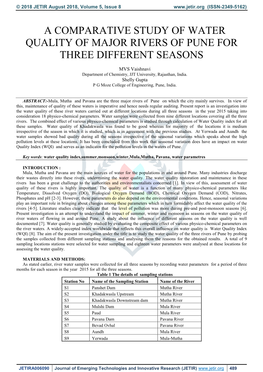 A Comparative Study of Water Quality of Major Rivers of Pune For