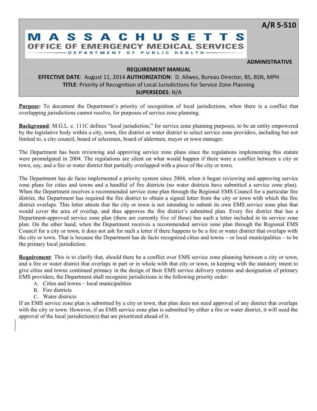 TITLE: Priority of Recognition of Local Jurisdictions for Service Zone Planning