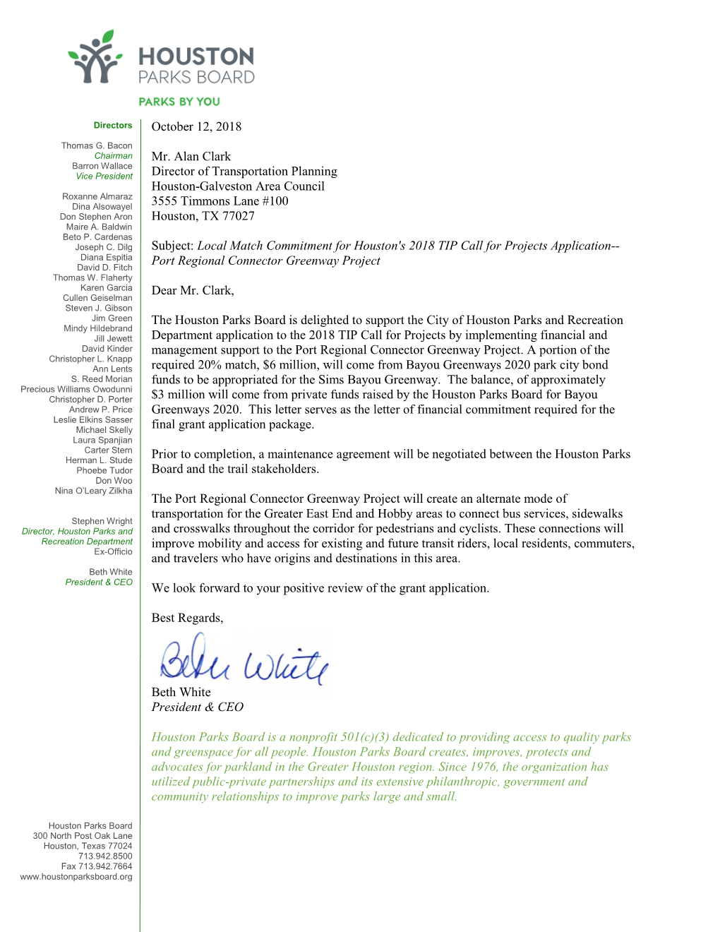 October 12, 2018 Mr. Alan Clark Director of Transportation Planning