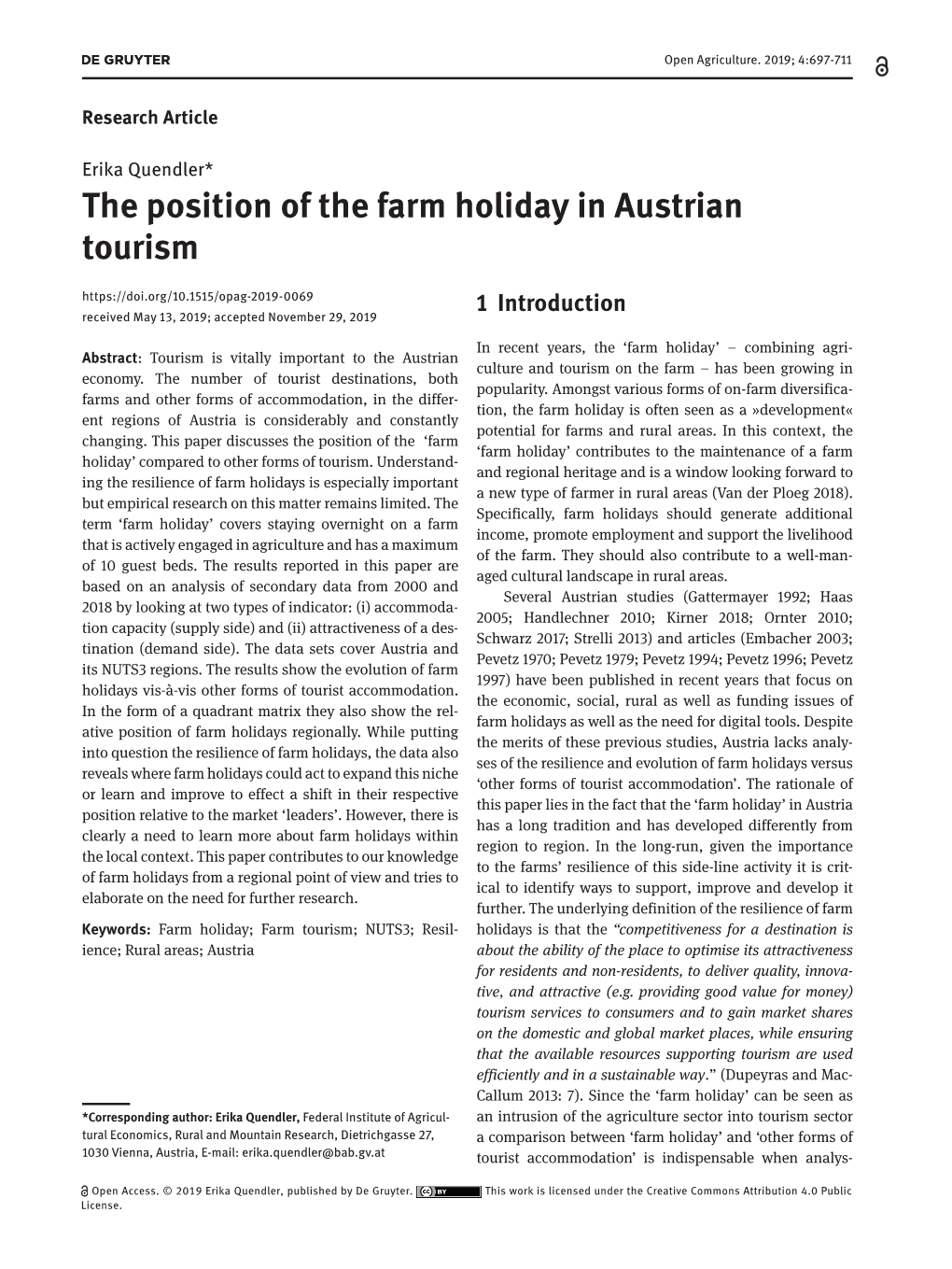 The Position of the Farm Holiday in Austrian Tourism Received May 13, 2019; Accepted November 29, 2019 1 Introduction